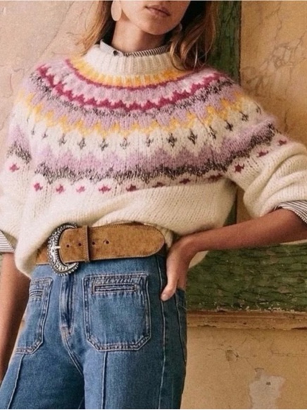Sezane Constantine Mohair Fair Isle Crewneck Knit Sweater in Ecru Multicolor S - Picture 3 of 13